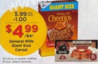 Cheerios - Giant Size Cereal or Kodiak Waffles