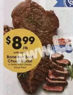 Boneless Beef Chuck Roast or Petite Sirloin Steaks