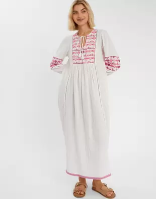 Embroidered Long Sleeve Maxi Dress Ivory
