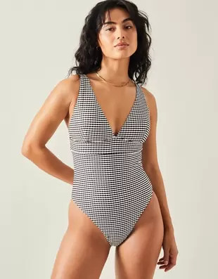 Stripe Seersucker Plunge Swimsuit Black