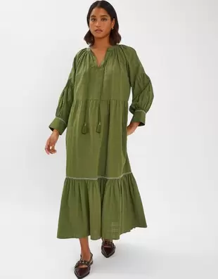 Long-Sleeve Tiered Maxi Dress Green