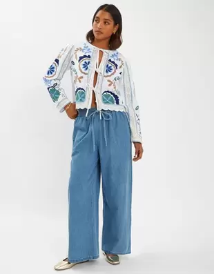 Embroidered Tie-Front Jacket White
