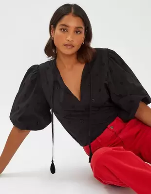 Puff Sleeve Cotton Blouse Black