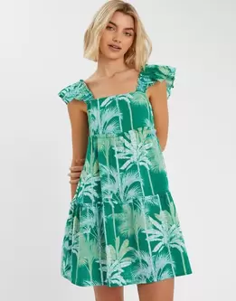 Palm Print Frill Sundress Green