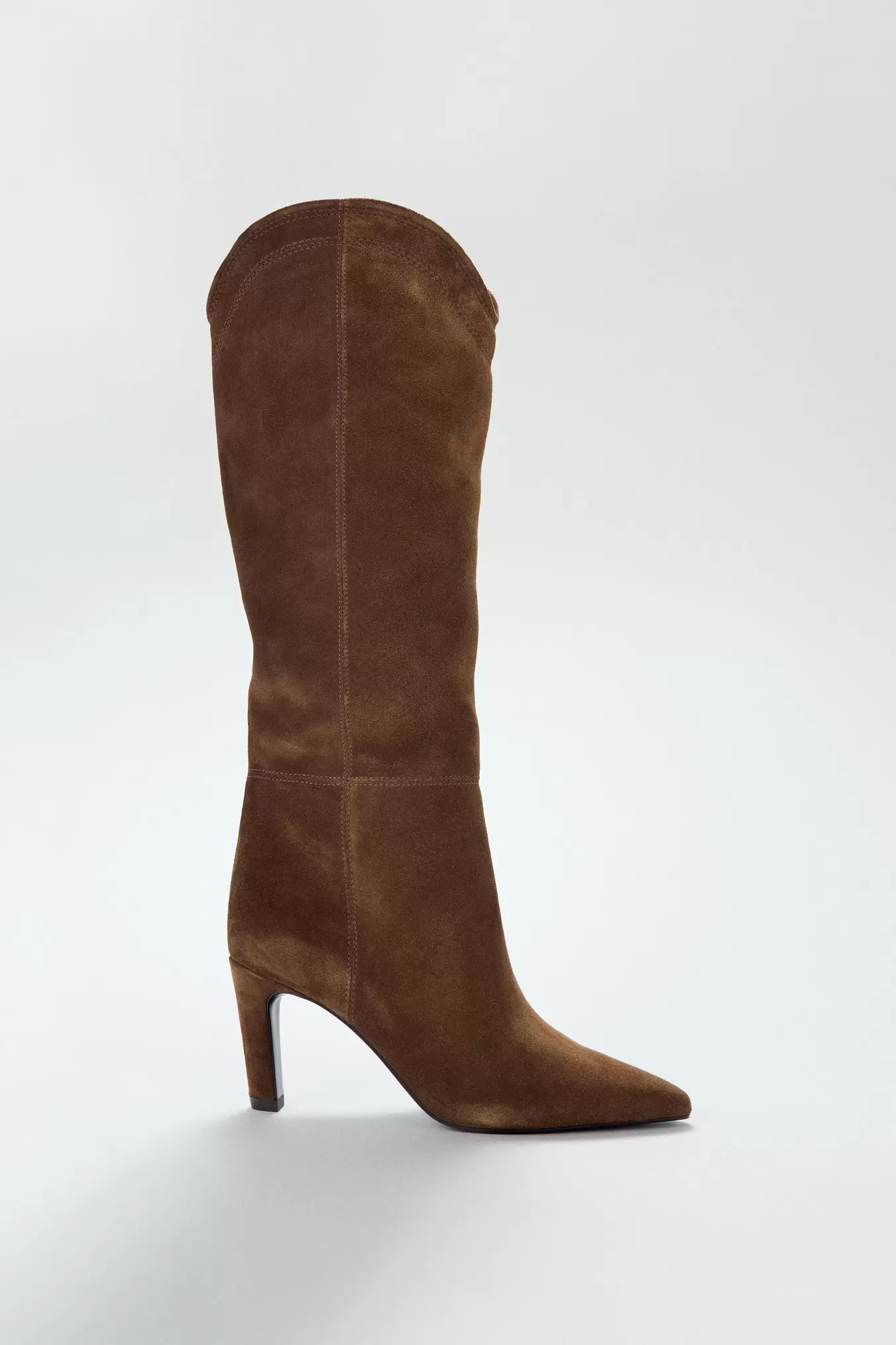 STITCHED SPLIT LEATHER HEELED BOOTS