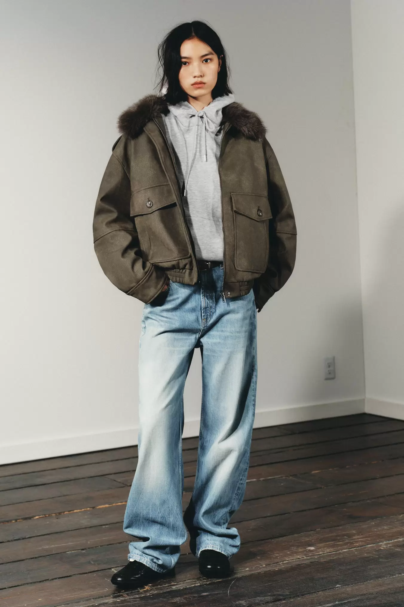REMOVABLE COLLAR FAUX SUEDE JACKET