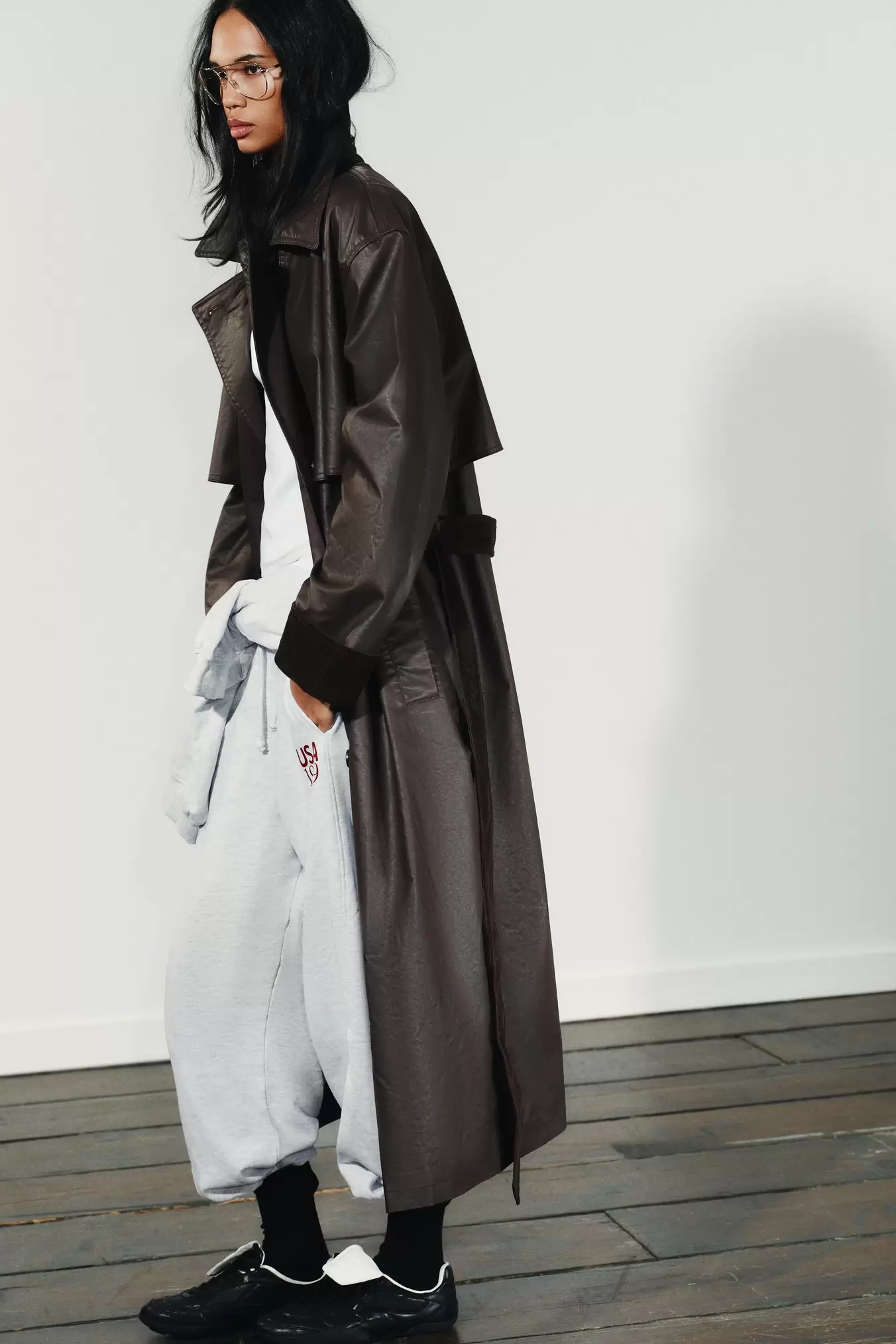 LONG WAXED TRENCH COAT WITH CORDUROY CUFFS
