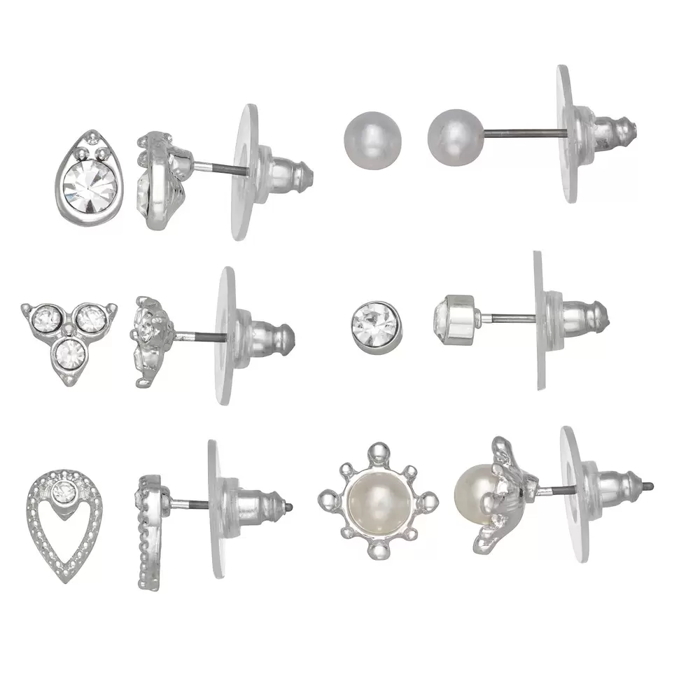 You're Invited Silver Tone 6-Pair Crystal & Simulated Pearl Earring Set
