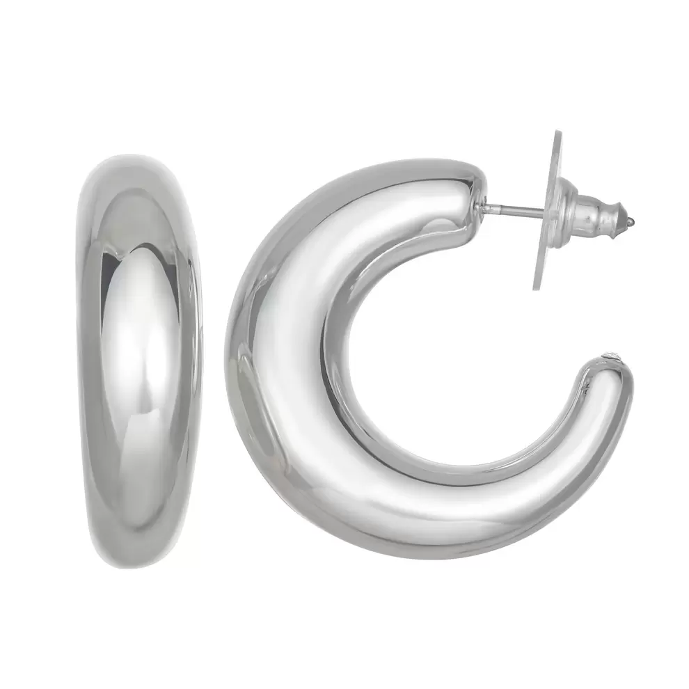 Nine West Silver Tone 29mm Puffy Tapered Hoop Post Earrings