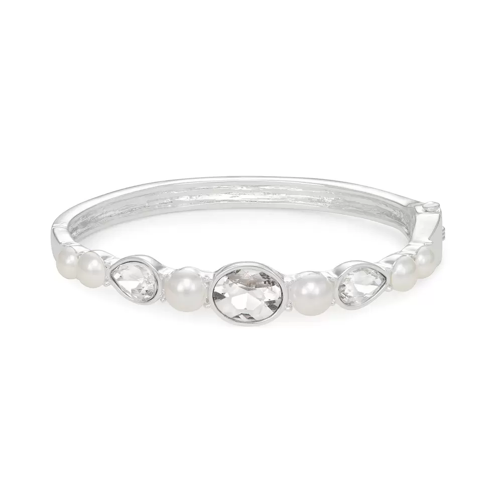You're Invited Silver Tone Simulated Crystal & Simulated Pearl Bangle Bracelet