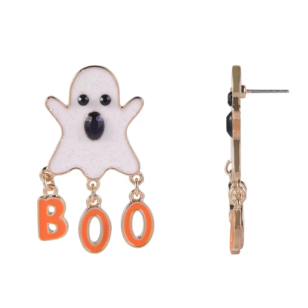 Gold Tone Enamel Ghost and BOO Drop Earrings