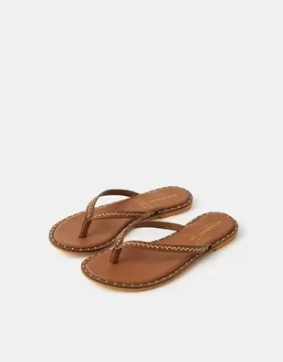 Stud Leather Flip Flops Tan
