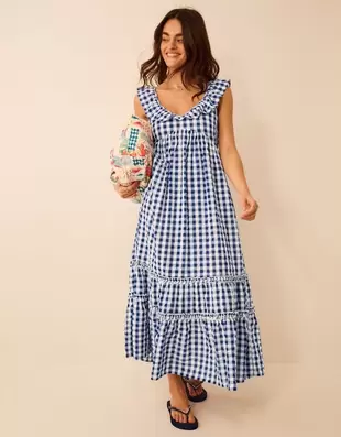 Gingham Print Ruffle Midi Dress Blue