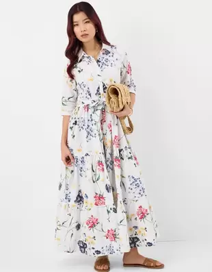 Floral Print Belted Maxi Dress Ivory