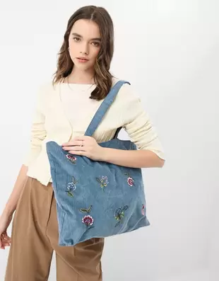 Floral Embroidered Corduroy Shopper Bag Blue