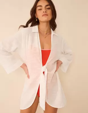 Tie Front Cotton Beach Shirt White