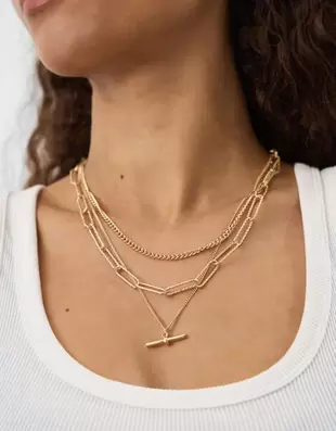 3-Pack T-Bar Pendant Chain Necklaces Gold