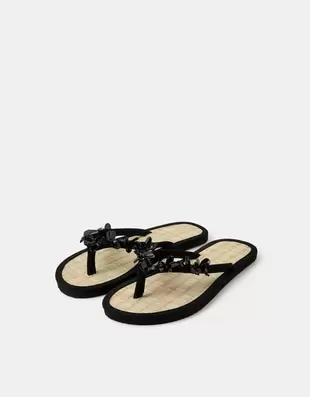 Sequin Embellished Seagrass Flip Flops Black
