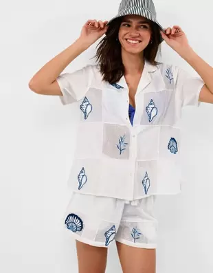 Shell Embroidered Patchwork Shirt Ivory