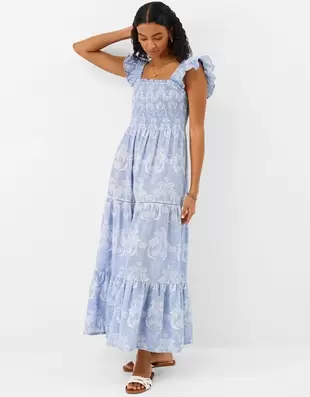 Tropical Print Smocked Maxi Dress Blue
