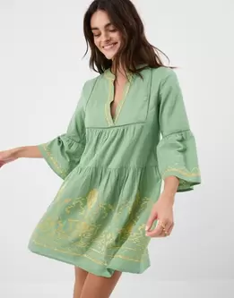 Embroidered Flute Sleeve Mini Dress Green