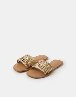 Woven Metallic Leather Slide Sandals Gold