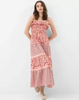 Mix Floral Print Smocked Maxi Dress Pink