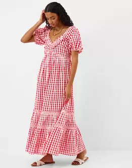 Gingham Print Puff Sleeve Maxi Dress Red
