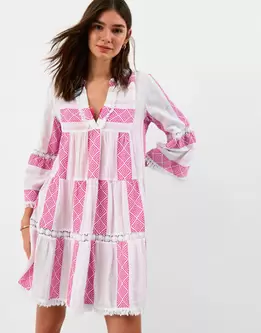 Flute Sleeve Jacquard Shimmer Mini Dress Pink