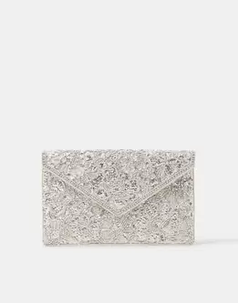 Floral Embellished Envelope Clutch Bag Silver