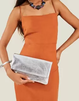 Leather Metallic Fold Over Clutch Silver