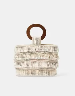 Wooden Handle Beaded Fringe Bag