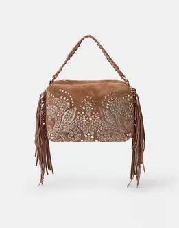 Embroidered Fringe Suede Bag