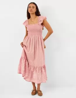 Embroidered Stripe Midi Dress Pink