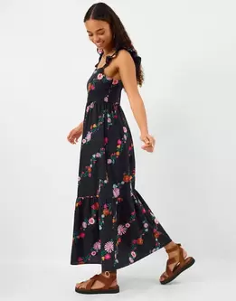 Floral Print Frill Maxi Dress Black