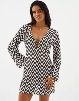 Mono Crochet Mini Kaftan Black