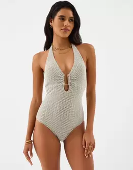 Geometric Textured Halter Neck Swimsuit Green