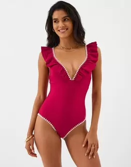 Ruffle Plunge Swimsuit Red