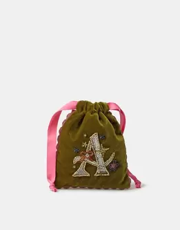 Embellished Initial Velvet Drawstring Bag Green