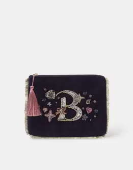 Embellished Initial Velvet Pouch Blue