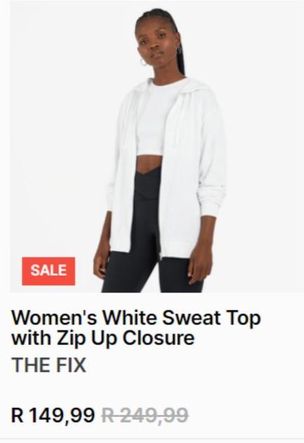 Women's white sweat top with zip up closure