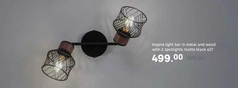Inspire Light Bar In Metal And Wood With 2 Spotlights Matte Black E27