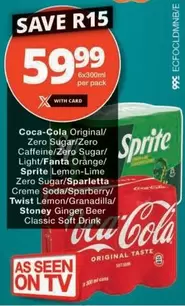 Sprite - Coca-Cola Original, Zero Sugar, Zero Caffeine, Zero Sugar, Light, Fanta Orange,  Lemon-Lime Zero Sugar, Sparletta Creme Soda, Sparberry, Twist Lemon, Granadilla, Stoney Ginger Beer Classic Soft Drink