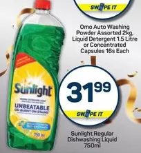 Omo - Auto Washing Powder Assorted 2kg, Liquid Detergent 1.5 Litre or Concentrated Capsules 16s Each, Regular Dishwashing Liquid 750ml
