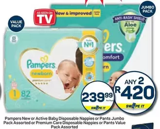 Pampers - New or Active Baby Disposable Nappies or Pants Jumbo Pack Assorted or Premium Care Disposable Nappies or Pants Value Pack Assorted