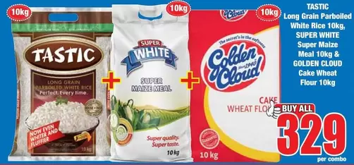 Tastic - Long Grain Parboiled White Rice 10kg, Super Maize Meal 10kg & Cake Wheat Flour 10kg