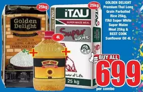 Golden Delight - Premium Thal Long Grain Parboiled Rice 25kg, Super White Super Maize Meal 25kg & Sunflower Oil 4L