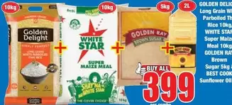 Golden Delight - Long Grain White Rice 10kg, Super Maize Meal 10kg, Brown Sugar 5kg, Sunflower Oil 2l