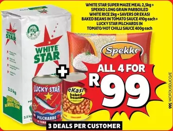 Lucky Star - Super Maize Meal, Long Grain Parboiled White Rice, Baked Beans in Tomato Sauce, Pilchards in Tomato/Hot Chilli Sauce