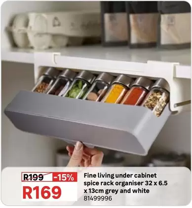 Fine Living Under Cabinet Spice Rack Organiser 32 X 6.5 X 13cm Grey And White